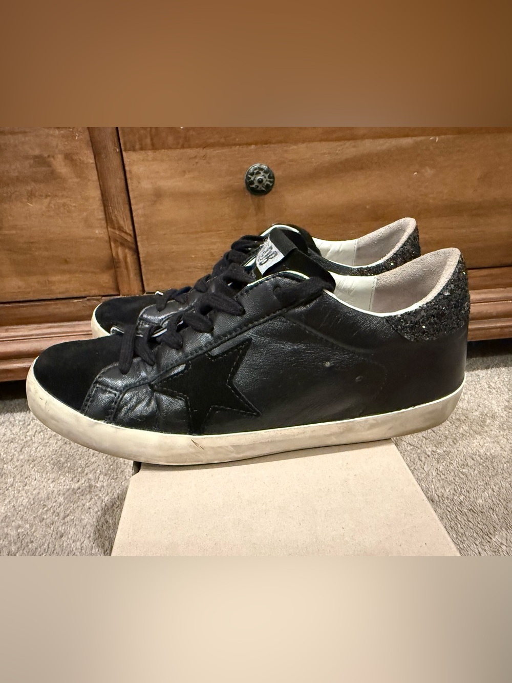 Golden Goose Black Leather Low-Top Sneakers with Glitter Heel